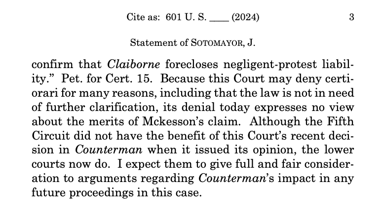 SCOTUS refuses to take up an appeal from DeRay Mckesson, whom the 5th Circuit has held liable for the violent actions of a random protester during a Black Lives Matter demonstration. But as Sotomayor points out, proceedings in the lower court are ongoing. supremecourt.gov/orders/courtor…