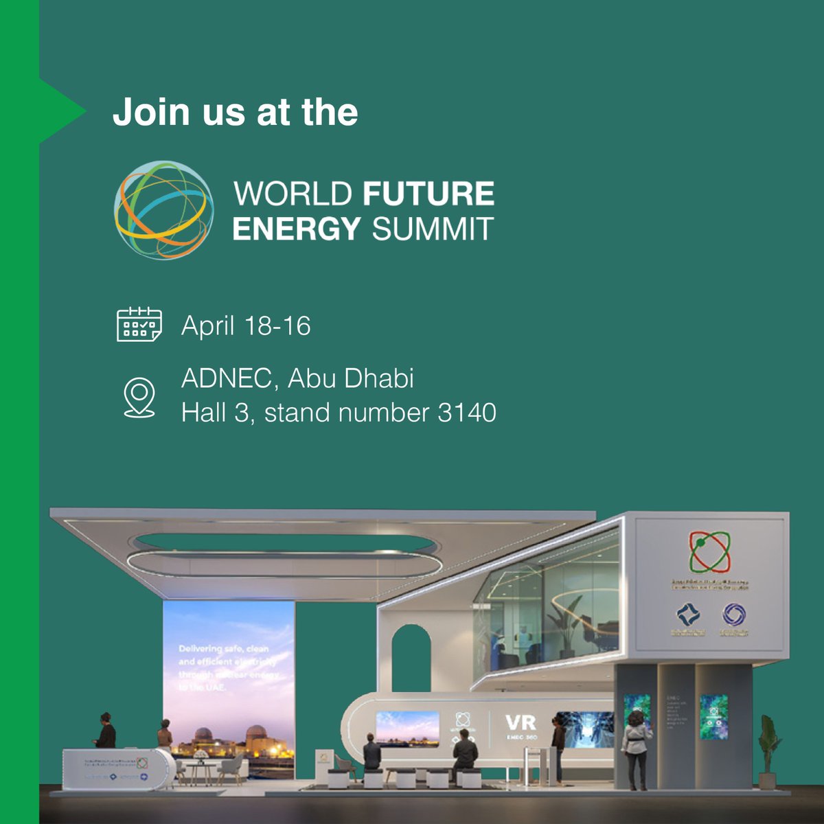 Join us at the World Future Energy Summit to explore the fascinating role of nuclear energy in achieving Net Zero and to learn more about our sustainable initiatives. 🗓 When: April 16-18 📍Where: ADNEC, Abu Dhabi #ENEC #CleanEnergy #BarakahPlant #Sustainability #WFES2024
