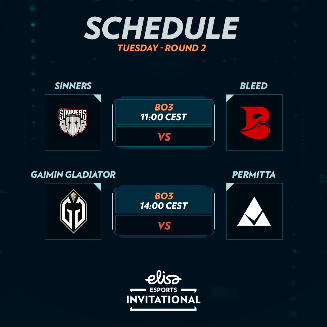 Dive into Tuesday's action at the #ElisaInvitational Spring 2024 Main Swiss with these games ⬇️ 🕚 11:00 CEST - @SINNERS_Esports vs. @ggBleed 🕑 14:00 CEST - @GaiminGladiator vs. @Permittaesports Tune in 👉 twitch.tv/elisaesports