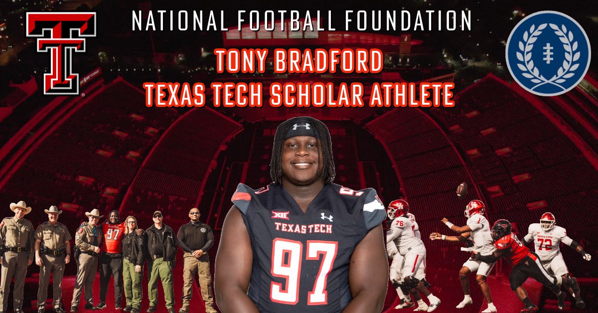 Congratulations @TexasTech, @TechAthletics, 2024 @NFFTexasTech 𝘾𝙤𝙡𝙡𝙚𝙜𝙞𝙖𝙩𝙚 Scholar Athlete – 𝐓𝐨𝐧𝐲 𝐁𝐫𝐚𝐝𝐟𝐨𝐫𝐝, 𝐉𝐫‼️   @Tbradford97 | @JoeyMcGuireTTU | @NFFNetwork | @THSCAcoaches