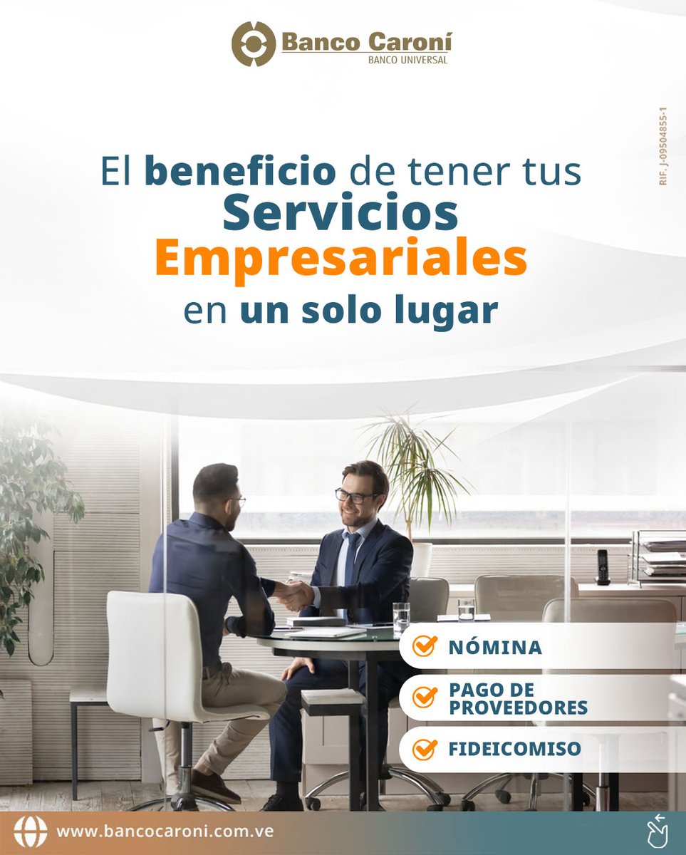 Servicios Empresariales es un conjunto de servicios que @Bcocaroni_ve pone a tu disposición para que puedas manejar de forma fácil y cómoda: • El pago Nómina • Pago de Proveedores • Administración de Fideicomiso #Bancocaroni #Nomina