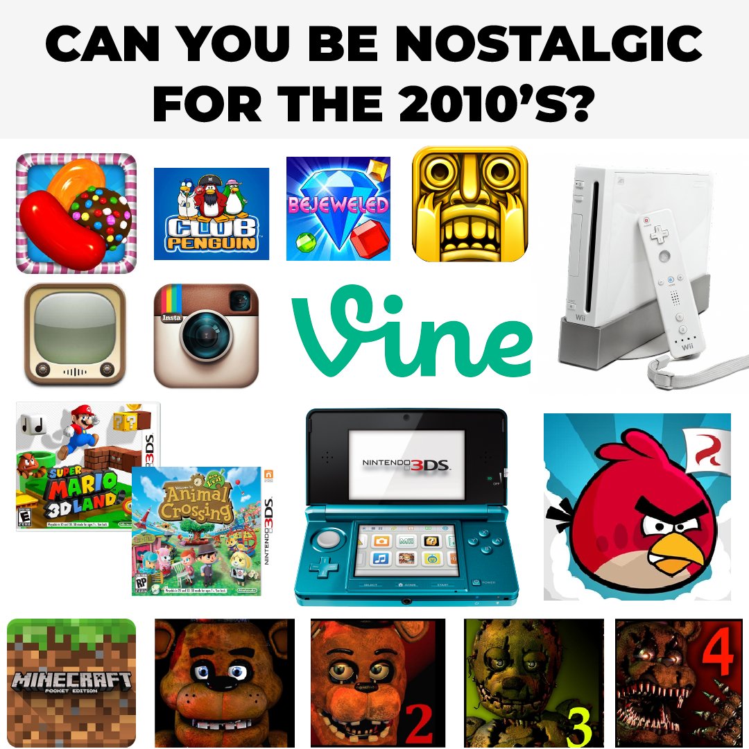 There were so many great games and experiences from the 2010s, which one do you miss the most? . . . #2010s #nostalgia #retro #nintendo #3ds #wii #angrybirds #vine #fnaf #fivenightsatfreddys #templerun #iphone #mario #mario3dland #animalcrossing #instagram #bejeweled #candycrush…