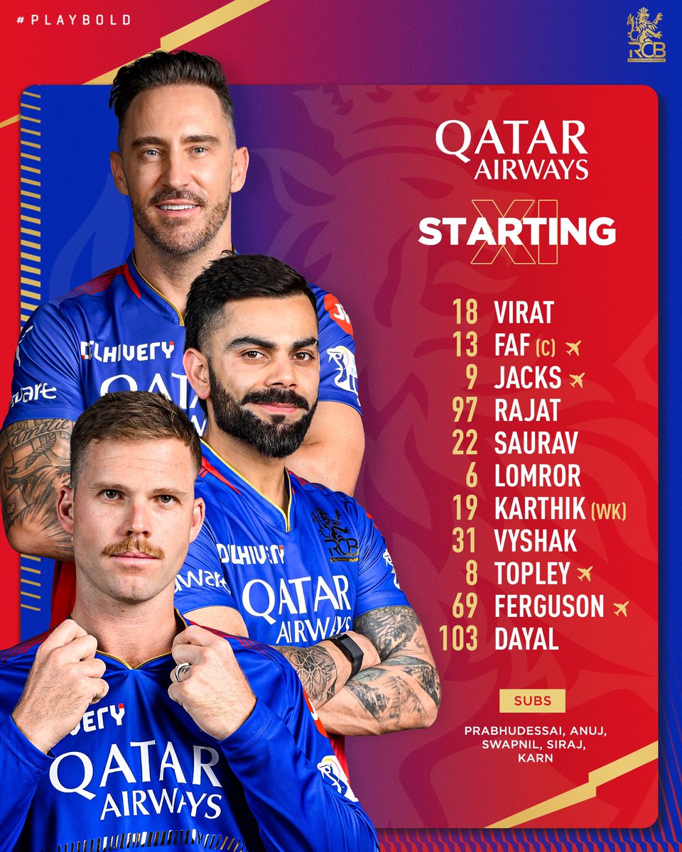 Back home and we're bowling first tonight! Bold move, big changes: Lockie 🔁 Maxwell Siraj 🔁 Dayal Saurav 🔁 Akash Deep #PlayBold #ನಮ್ಮRCB #IPL2024 #RCBvSRH @qatarairways