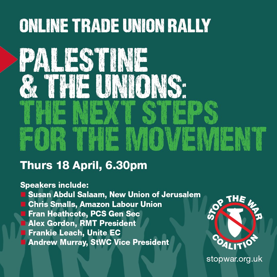 The pressure on govts to #StopArmingIsrael is huge and we must keep it up! On Thurs 18 April we're bringing together representatives from across the UK and beyond to discuss how trade unionists can continue to deliver effective solidarity to the Palestinian people. RSVP Here:…