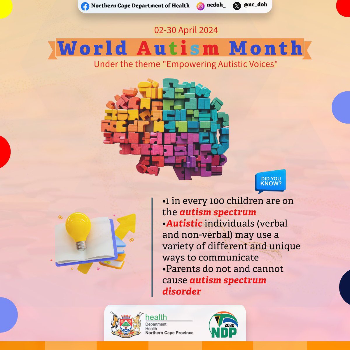 April is recognised as World Autism Month beginning on the 2nd of April. It is aimed at raising awareness about
 persons with Autism around the world. 
World Autism Month 2024 is celebrated under the theme 'Empowering Autistic Voices' 
#WorldAutismMonth 
#NCDOH2024