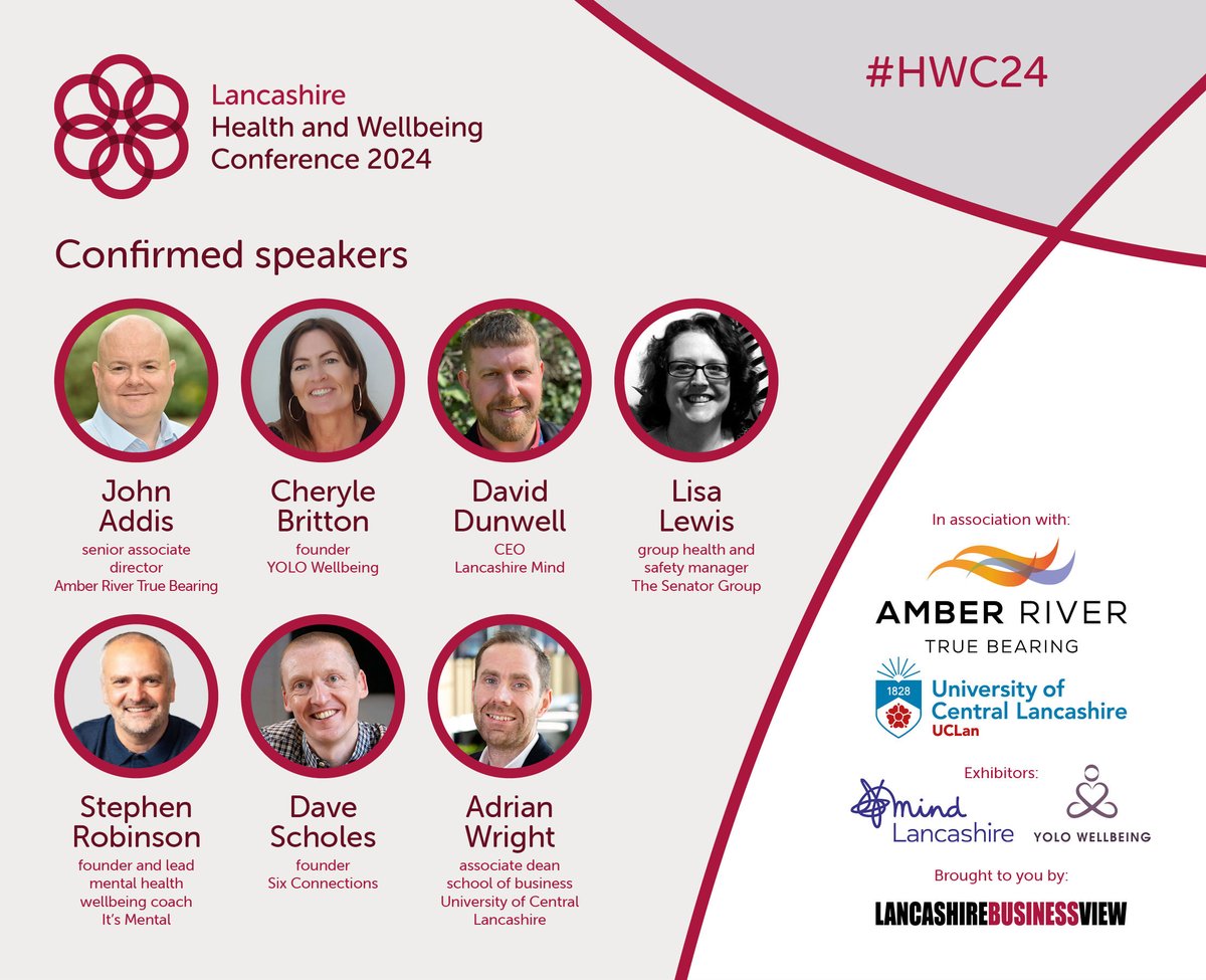 Just over 1 week to go until the Lancashire health and wellbeing conference! Get ready for an incredible lineup of speakers! 📅 Tuesday 23 April ⌚ 8:30am–1pm 📍 @HotelCrowwood Book your place lnkd.in/eS4qmign In association with @AmberRiverGroup @UCLan #HWC24