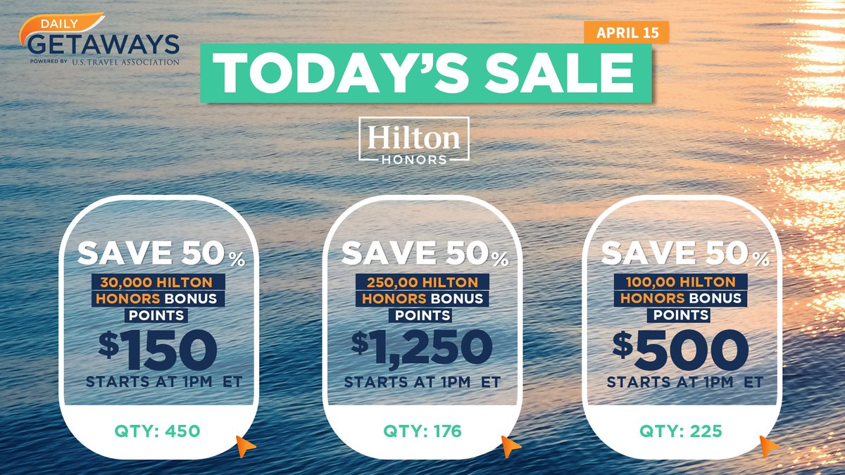 dailygetaways's tweet photo. 💰 Savings start NOW! #DailyGetaways kicks off at 1 p.m. ET! Score @Hilton Honors Bonus points at 50% off in today’s #DailyDeals.

Get your perfect getaway: https://t.co/vYc8rh5cqO https://t.co/6RnsPikeXh