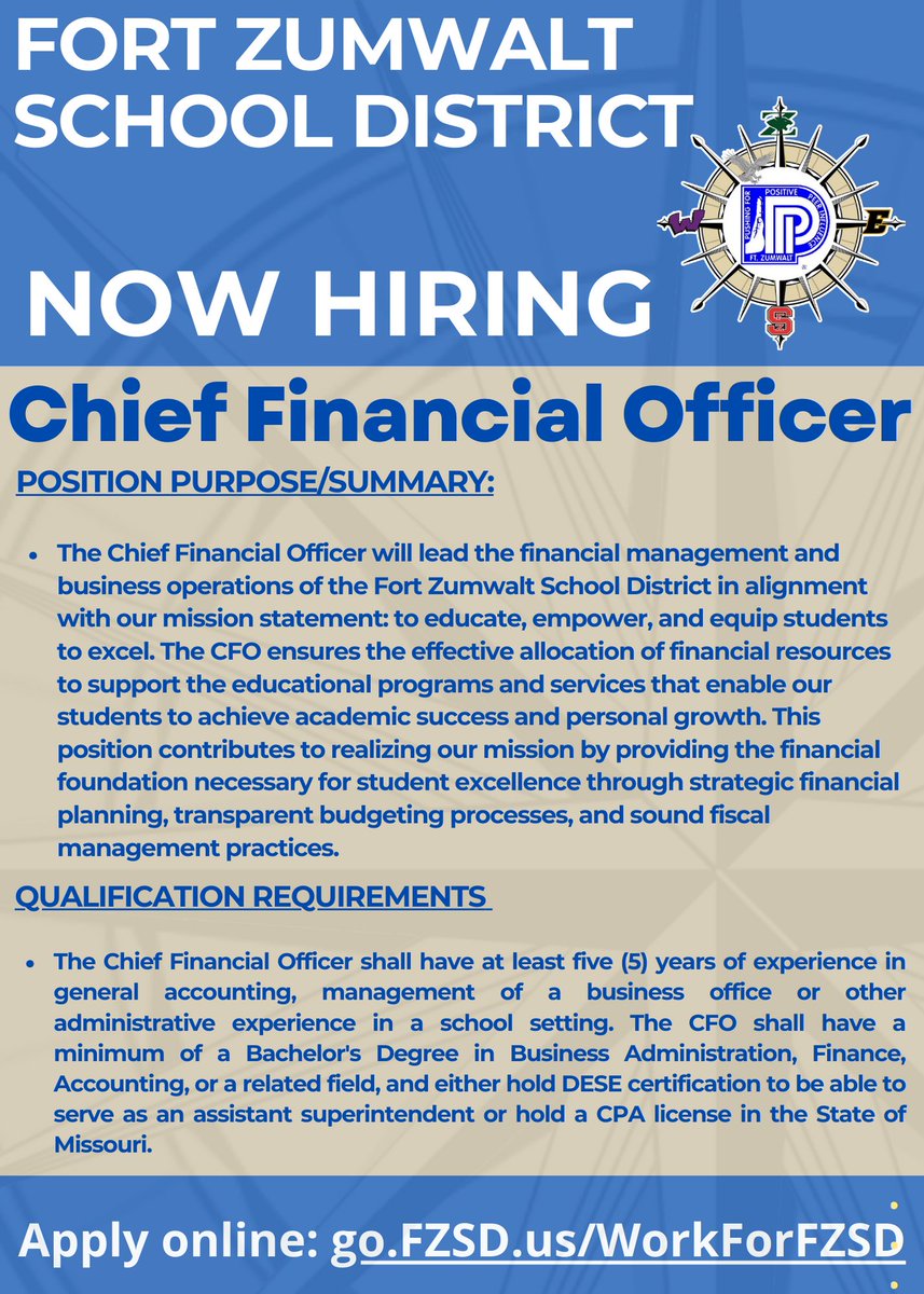 FZSDSUPT's tweet photo. We're looking for our next CFO!  Details 👇 https://t.co/NQb7fI4EVd