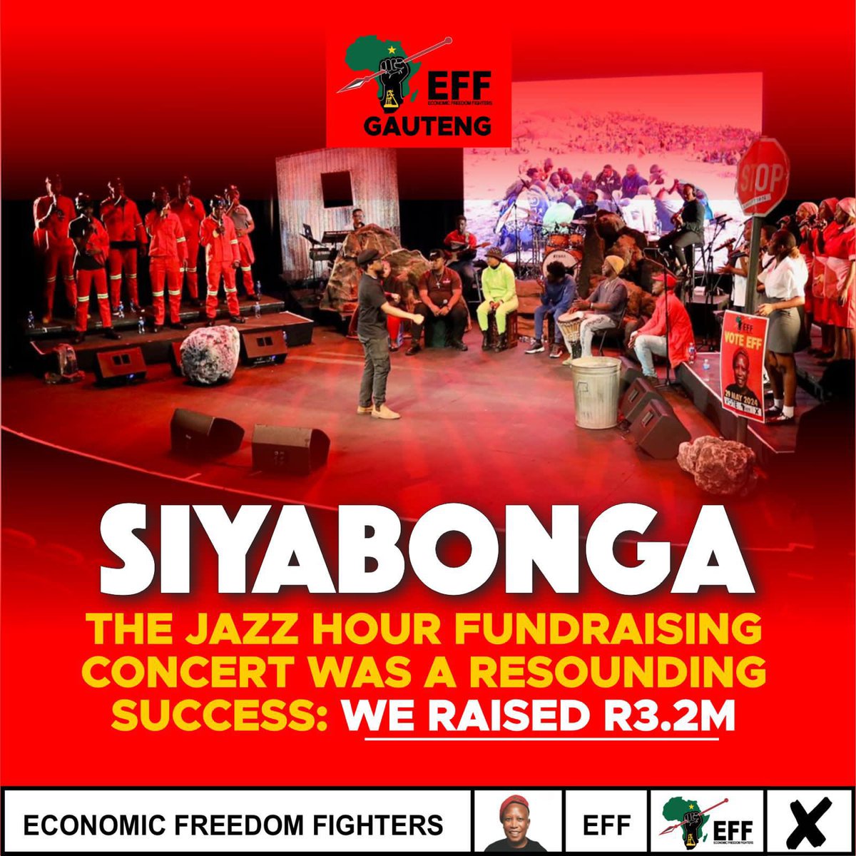 The @EFFGautengProv extends its gratitude to all who purchased tickets to the EFF Jazz Hour Live Concert. 

Through this initiative we raised R3.2 million, which will go a long way in assisting our campaign for Land And Jobs Now, Stop Loadshedding.

#MalemaForSAPresident