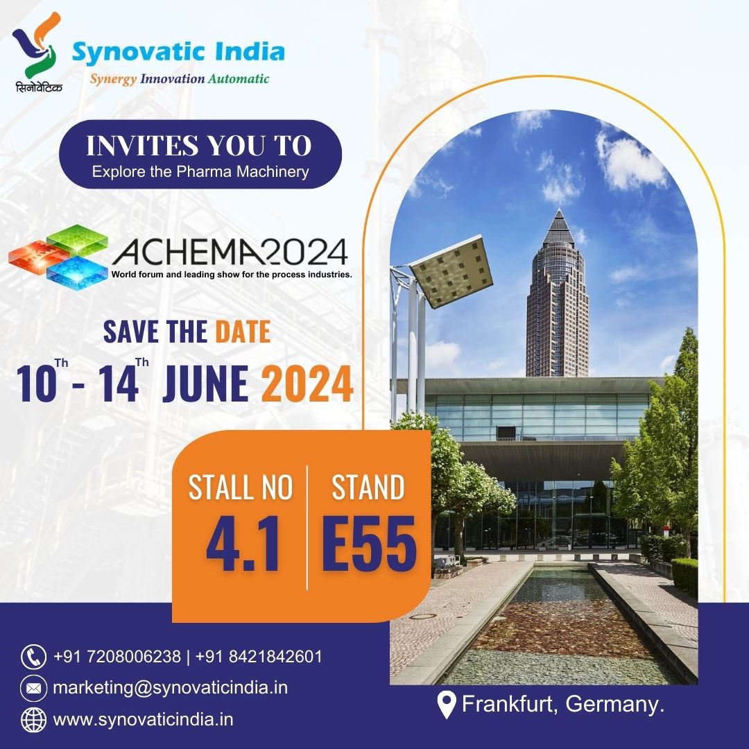 Save the date! SynovaticIndia invites you to visit their booth at Achema 2024 in Frankfurt, Germany 🇩🇪 from June 10th to 14th, 2024. #Achema2024 #Achema #Frankfurt #Germany #SynovaticIndia #Synergy #Innovation #Automatic #processmachinery