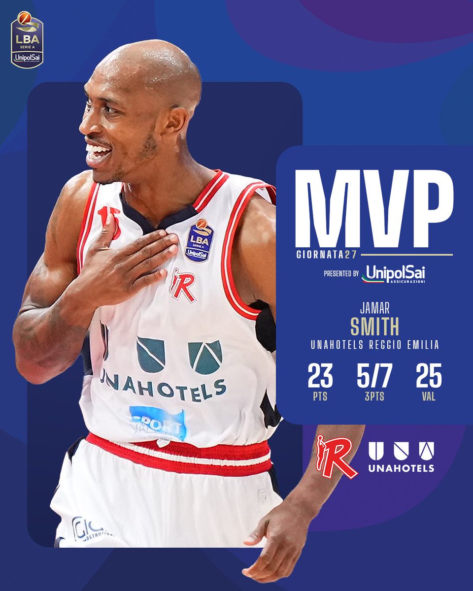 Jamar Smith è l’#MVP @UnipolSai_CRP della 27^ giornata 👑 Il giocatore della @PallacReggiana, dopo la vittoria contro Brindisi, è stato votato da voi su Instagram, X, Threads e Whatsapp come miglior giocatore del turno! 🤩 #TuttoUnAltroSport