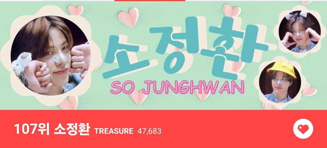 40 minutes left until Choeaedol tally on 041524. Currently at 107. Please drop your daily hearts for Junghwan before 11.30PM KST. Let's get to top 100. #SOJUNGHWAN #소정환 #트레저소정환 @treasuremembers