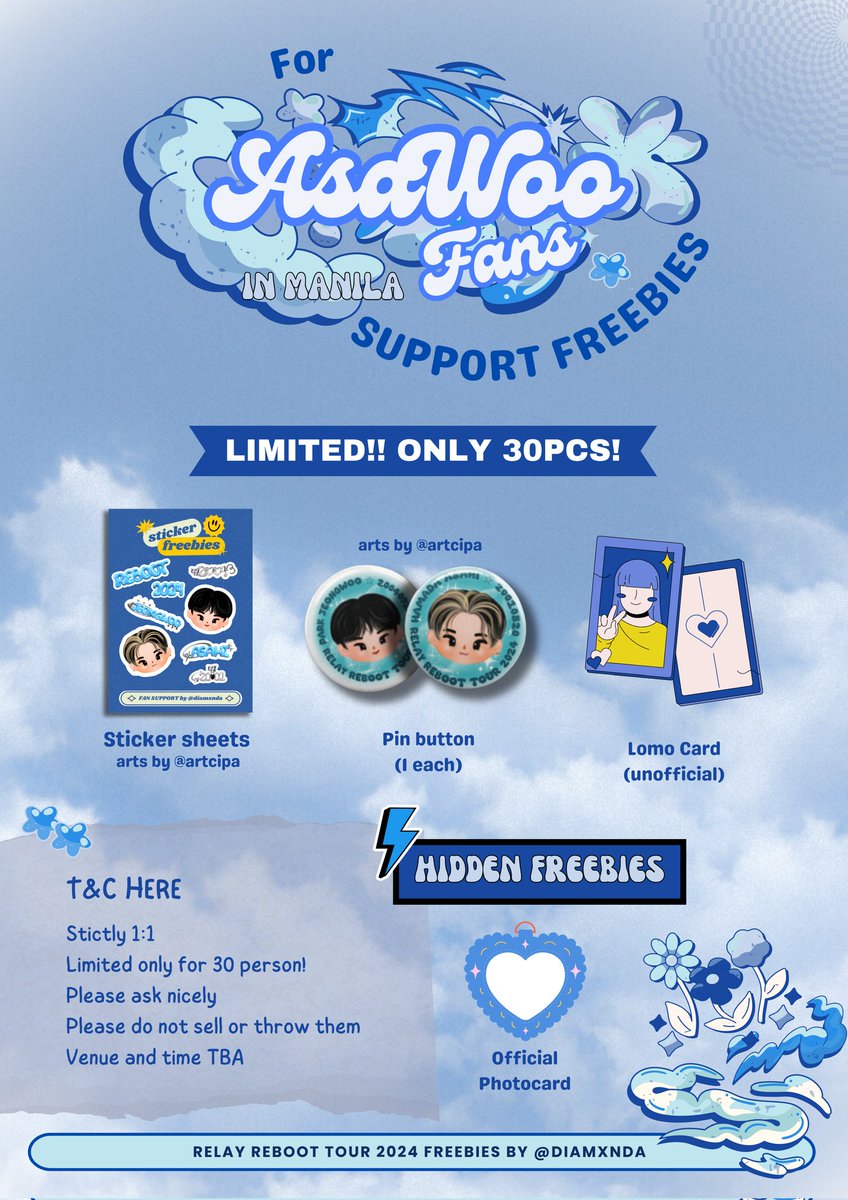Annyeong~ Teu-hii 😊👋🏻 I made some cutie freebies to support Asahi & Jeongwoo fans in Manila by me, @diamxnda chibi made by @artcipa 🩵 [ LIMITED ONLY 30PCS!! ] ※ Please tap rt and likes to spread it 🩵 ※ Opens for trade too ※ #TREASURE_REBOOT_IN_MANILA