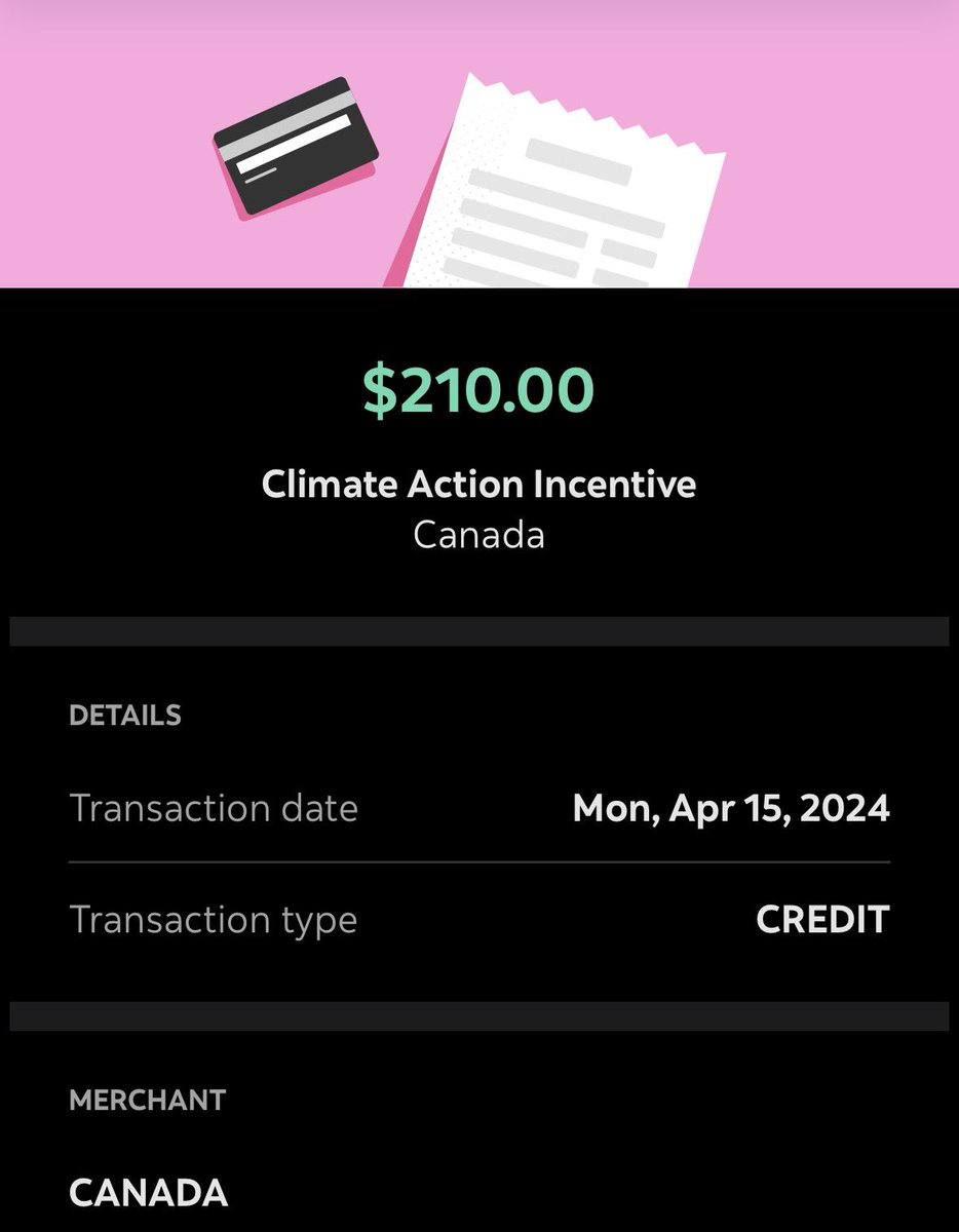 RileySchnurr's tweet photo. Good morning from the very real federal carbon rebate I received this morning, a definitively higher number than I have paid into it. 

Woohoo! 🥳 https://t.co/zcg2YsJZQc