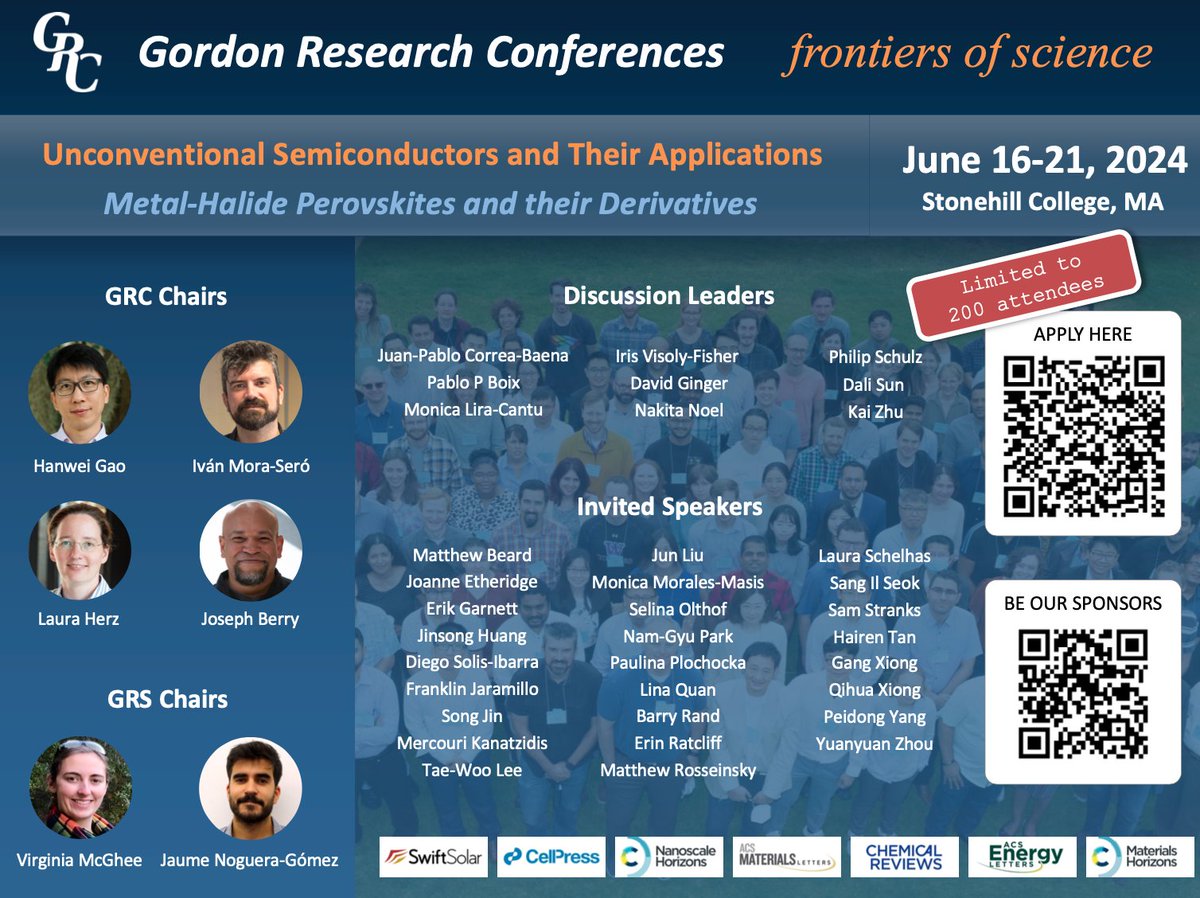 Last Call - 2024 Gordon Research Conference on Halide Perovskites and their Derivatives. The meeting will be joined by researchers from academia, national labs, industries, and journal publishers!!! Looking forward to meeting you near Boston in June! grc.org/unconventional…