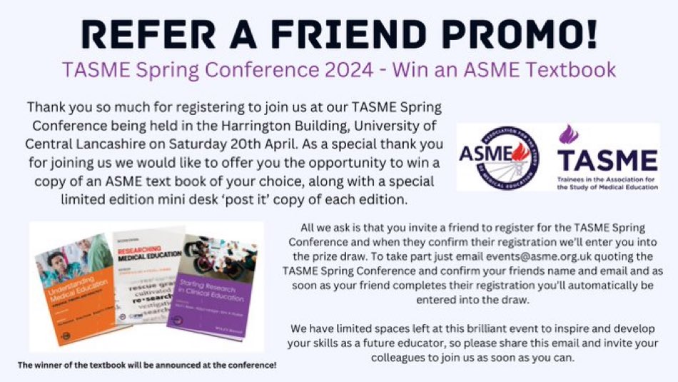 Register for the <a href="/tasme_uk/">TASME UK</a> conference and refer a friend, you will be in with a chance of #WINNING one of these fantastic books!! 🎓🧑‍🏫📕📗📘💜 google: TASME conference 2024 to register!