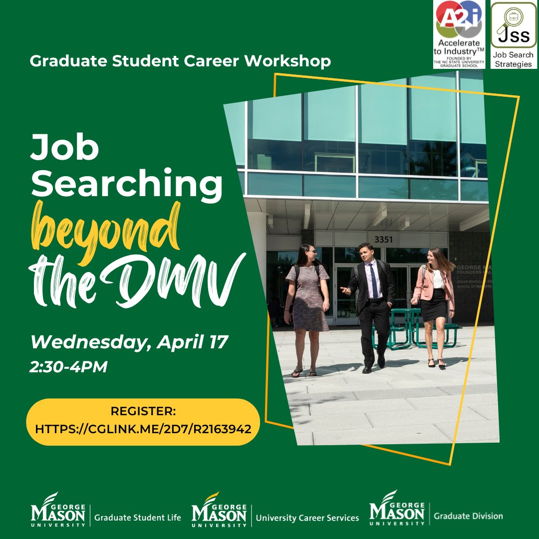 Reminder that the next Graduate Student Career Workshop, Job Searching Beyond the DMV, is this Wednesday from 2:30-4pm! Make sure to register with the link in our bio to receive the Zoom link!