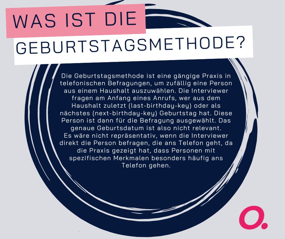 Es ist #mafomontag 🥰

Diese Woche erklären wir euch die Geburtstagsmethode. Hast du schonmal an einer telefonischen #Befragung teilgenommen und wurdest gefragt, wer bei dir im Haushalt zuletzt Geburtstag hatte?

#marktforschung #leipzig