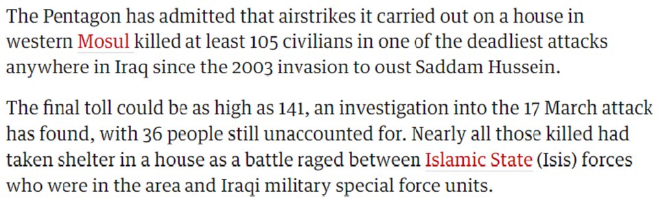 In Mar 2017 US dropped large bomb to kill 2 ISIS snipers in Mosul. Yes, only two. No commanders or tunnel. Bombing killed at least 101 civilians. US admitted it, see linked report & report from Guardian. So another core comparison is totally false. 13/
defense.gov/News/Transcrip…