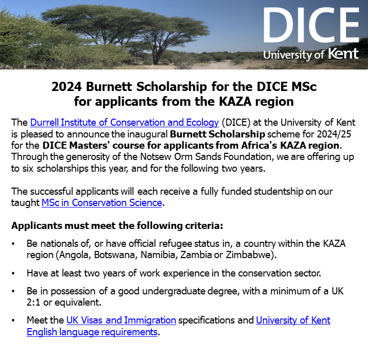 🚨1 week left to apply for a Burnett Scholarship 🚨 6 fully funded scholarships on our MSc in Conservation Science for conservationists from Angola, Botswana, Namibia, Zambia & Zimbabwe Deadline: 22/04/24 kent.ac.uk/durrell-instit…