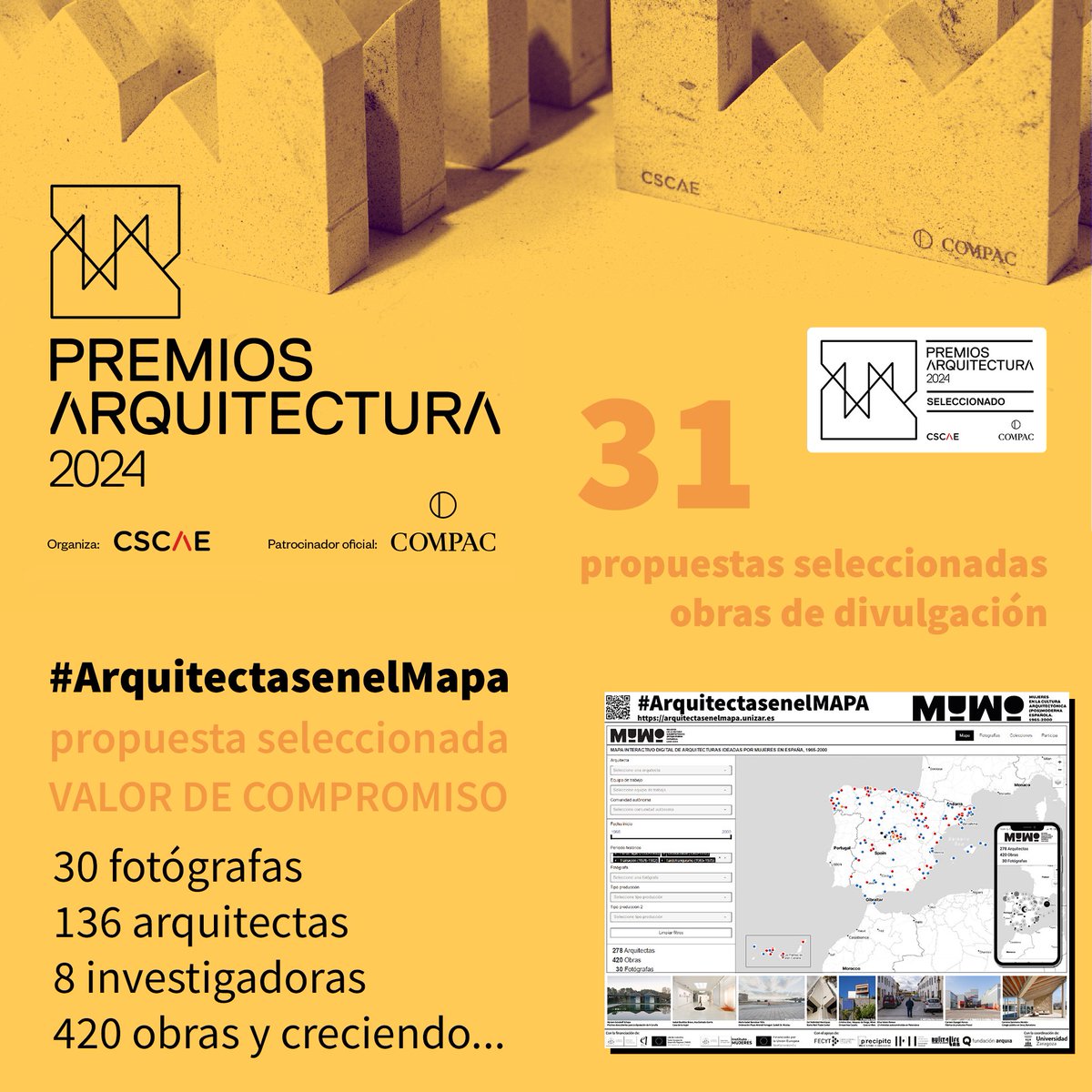 ¡Estamos de enhorabuena! La plataforma interactiva #ArquitectasenelMapa seleccionada por el <a href="/CSCAE/">CSCAE</a> para los premios de Arquitectura 2024. ¡Gracias a todo el equipo de <a href="/MuWoArch/">MuWo</a> por estos 5 años de intenso trabajo!