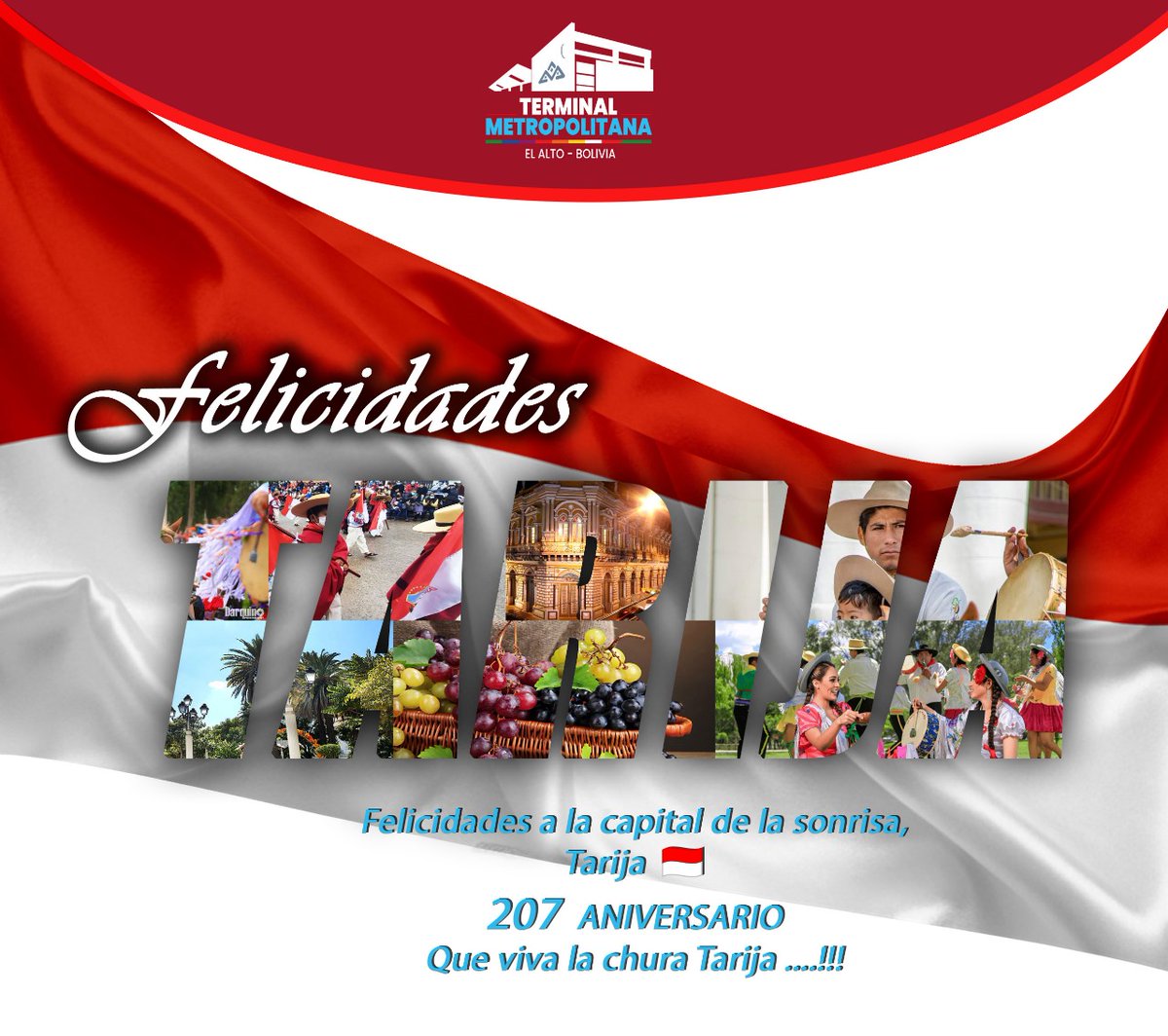 Terminal_Metro's tweet photo. 𝗧𝗔𝗥𝗜𝗝𝗔 𝟮𝟬𝟳 𝗔𝗡𝗜𝗩𝗘𝗥𝗦𝗔𝗥𝗜𝗢 
Éste 15 de abril recordamos la batalla en los campos de La Tablada de Tolomosa en 1817, desde la #TerminalMetropolitana felicitamos los 207 aniversario de la chura tierra, Tarija. 
#TerminalMetropolitana
#RenuevaElAlto 
#ElAlto
#Tarija https://t.co/W4qHoov4zS