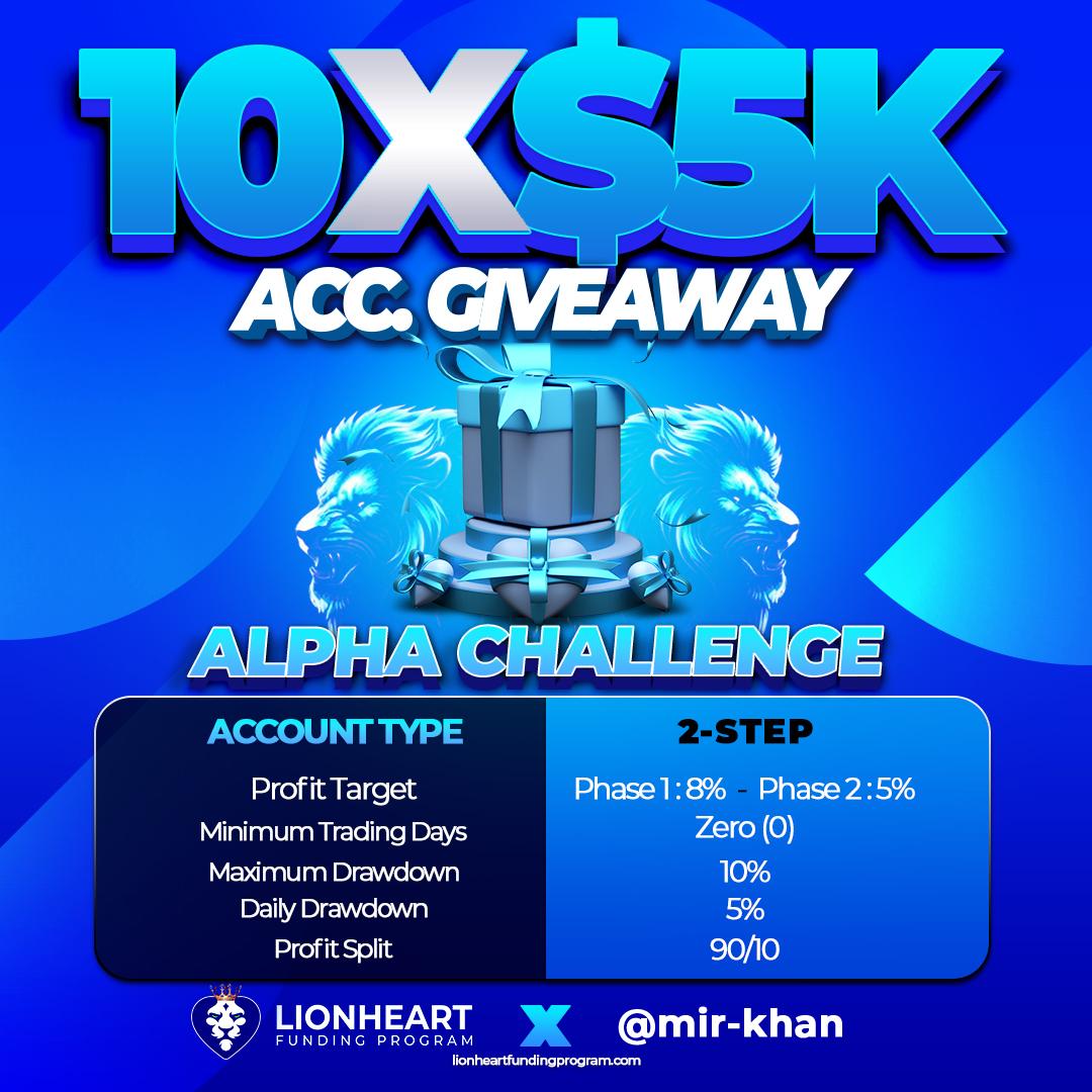 Giveaway alert ⚠️ 📢 I am thrilled to announce my partnership with @lionheartLFP To celebrate 🎉 this I'll be giving away 10x 5k challenge accounts 👇Must Follow Giveaway Rules👇 1)🦁 Follow: @MirKhan_Fx @lionheartLFP, @NdemazeahG & @putyourXorIGhandlehere Also follow…