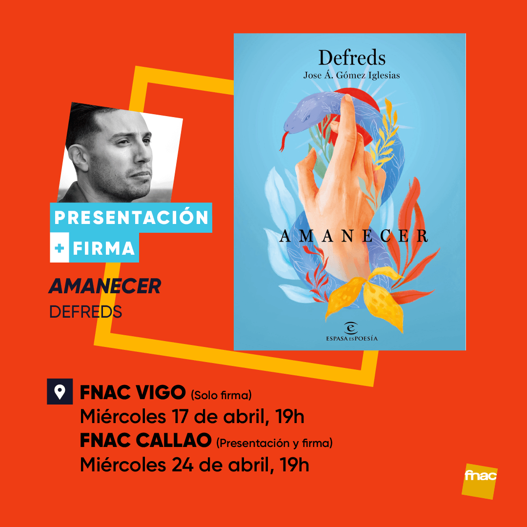 .@Defreds estará presentando y firmando 'Amanecer' (@ESPASAesPOESIA ), la continuación de 'Sempitermo'. El autor quiere rendir un particular homenaje al devenir de su vida y su trayectoria, desde aquel 'Casi sin querer' que lo descubrió al mundo.