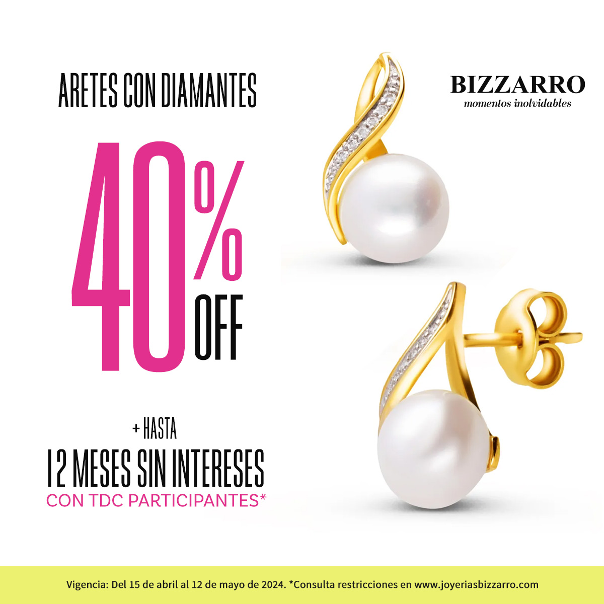 ¡Joyas a la altura de la personalidad de mamá! ¡No esperes más! Ven a Joyerías BIZZARRO #SenturaZamora  y aprovecha 40% de descuento en arracadas, aretes y broqueles con diamante +12 MSI*. 
#ELLA #joyasbizzarro #momentosinolvidables #perlas #dijes #anillos #aretes #diamantes #oro