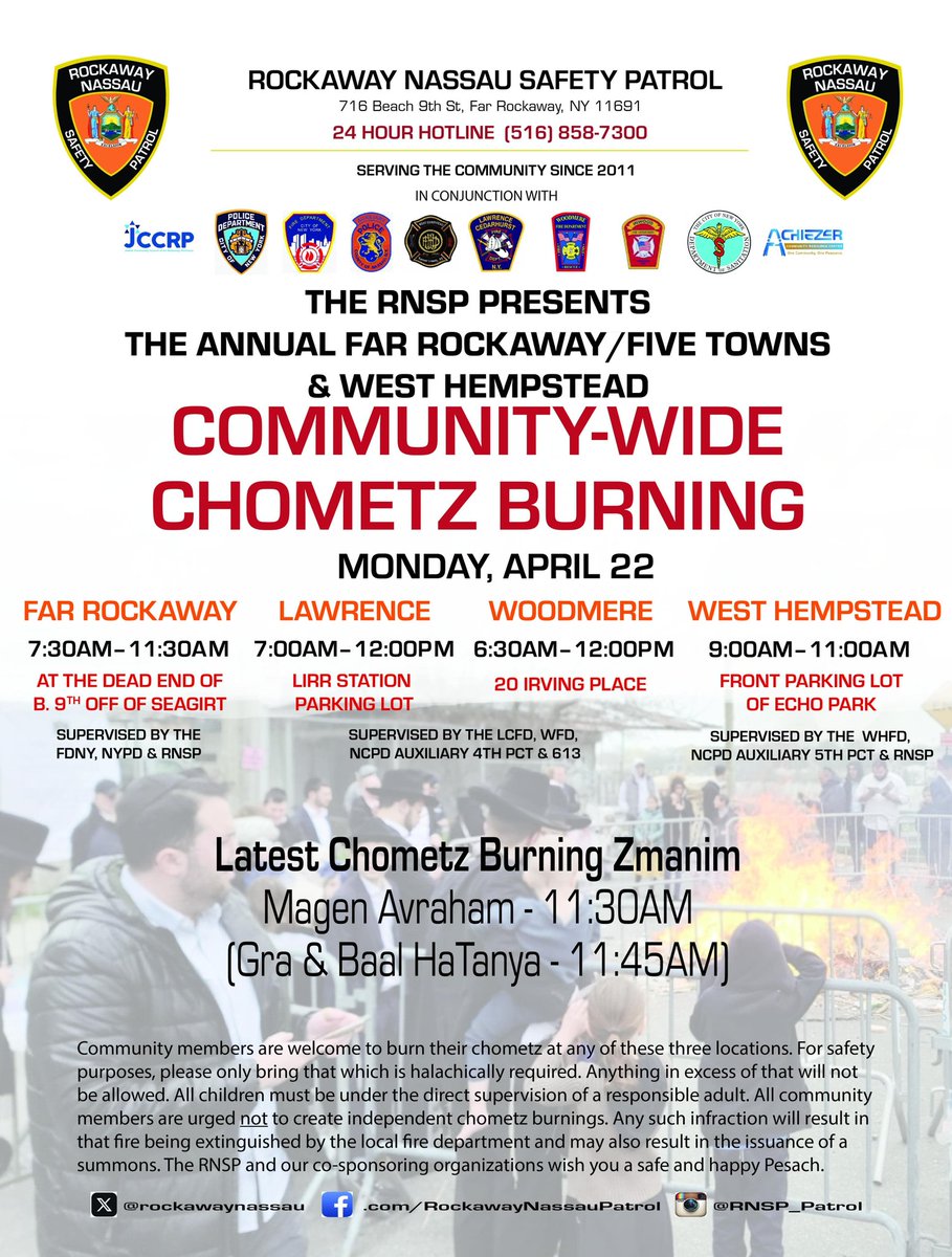 Utilize the #safe & efficient #ChametzBurning & sanitation drop-off sites closest to you. Much thanks to all of the emergency response agencies, government agencies, and local community organizations listed on this flyer for collaborating in bringing this to our #community.