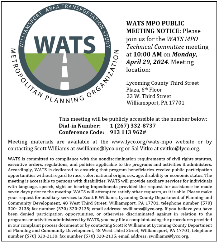 The WATS MPO Technical Committee meeting will be held Monday, April 29, 2024. Visit lyco.org/WATS-MPO/Commi… for more information and to view meeting materials. #PennDOT #watsmpo