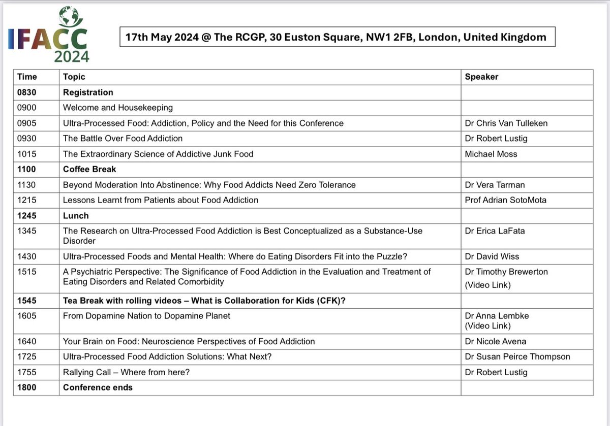 Here it is! The schedule for May 17th All the experts on food addiction together for one day. Join us in person or online!! Tickets here eventbrite.co.uk/e/internationa… @PainschabMolly @addunplug @AdrianSotoMota @Drdavidwiss @DrNicoleAvena @DoctorChrisVT @lowcarbGP @PHCukorg @DoctorTro