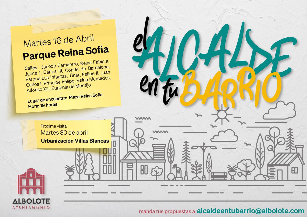 👉🏻 Mañana martes 16 nuestro Alcalde <a href="/salustianoug/">Salu Ureña</a> y su equipo de gobierno estarán en la zona del Parque Reina Sofía con la iniciativa “el alcalde en tu barrio”🏘️ 

📍 A las 19 horas en la Plaza Reina Sofía 

#conlasideasclaras💡 #Alboloteenmarcha #nosencantaAlbolote