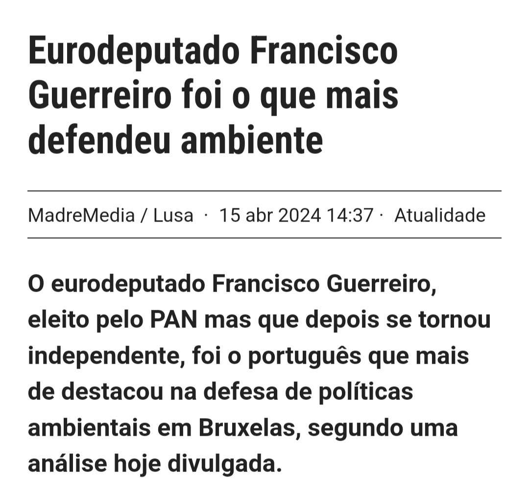 Tal como nas votações em matérias de bem estar animal, recebo a nota mais elevada dos Eurodeputados nacionais. 'Francisco Guerreiro, único representante português nos @GreensEFA, obteve 99 pontos em 100 possíveis, anunciaram as ONG ambientalistas.' 24.sapo.pt/atualidade/art…