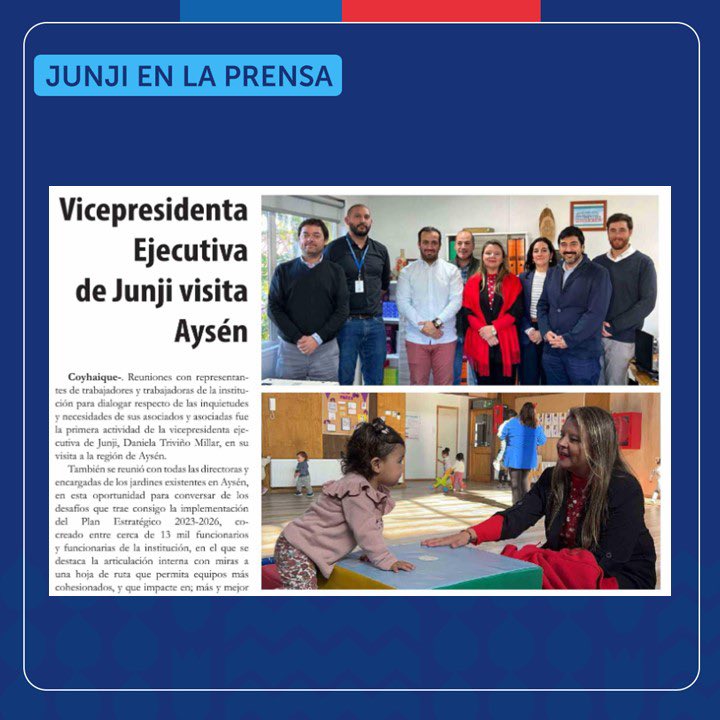 JUNJI_Chile's tweet photo. 💻 Medios destacan la visita de vicepresidenta @trivino_m a la región y el trabajo colaborativo sostenido junto a autoridades y equipos de @JUNJI_Aysen. 
📌 Te invitamos a conocer todos los detalles de su despliegue en terreno: https://t.co/hhBfzFIRM7 https://t.co/Vo1R8mXt7b