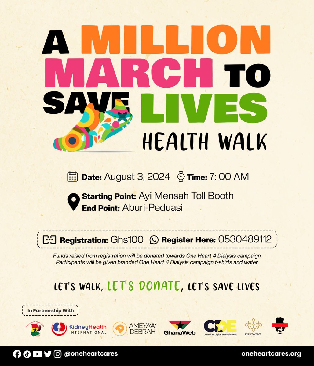 Walk to Save a Life
You Save a Life with every kilometre walk

Take 12,500 steps to Save 1,195 Lives

Register here: wa.me/233530489112

<a href="/oneheartcares/">One Heart</a>