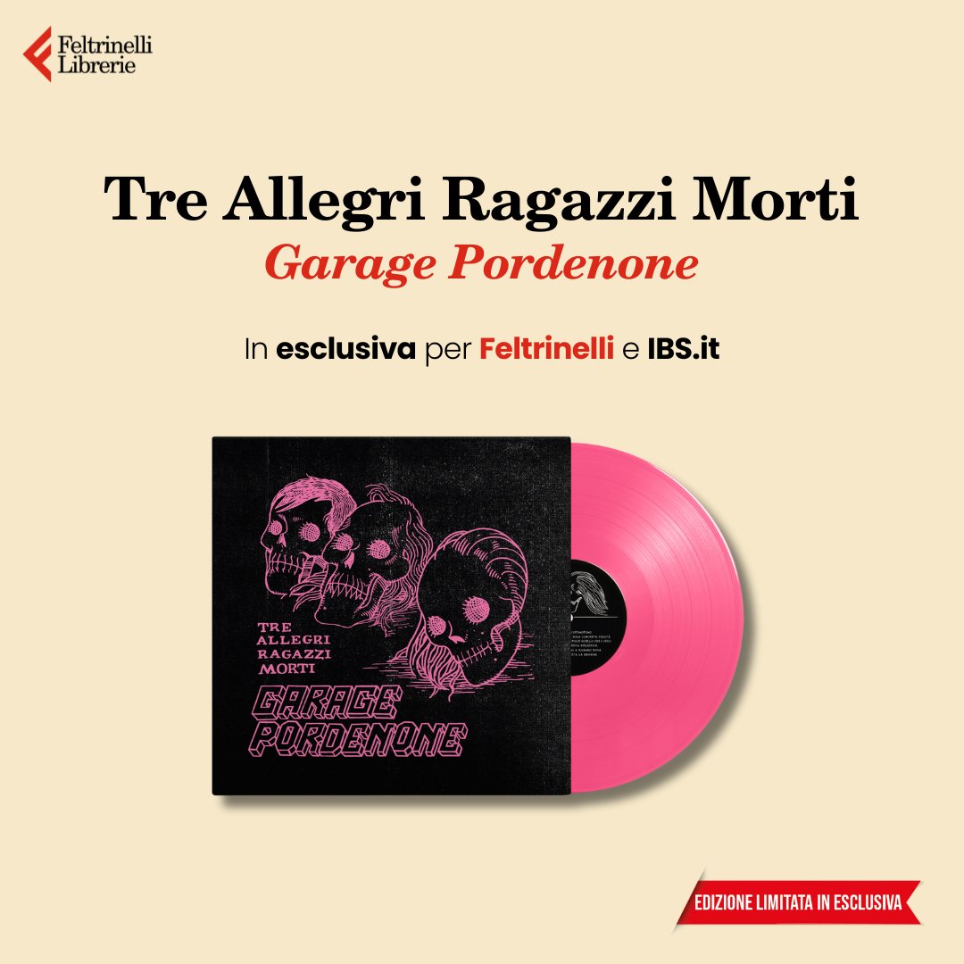 Nelle librerie Feltrinelli e su Feltrinelli.it, “Garage Pordenone” (Esclusive MM), il nuovo album di Tre allegri ragazzi morti, disponibile anche in vinile color rosa in edizione limitata ed esclusiva per Feltrinelli e IBS.it 👉 bit.ly/Feltrinelli_Ga…