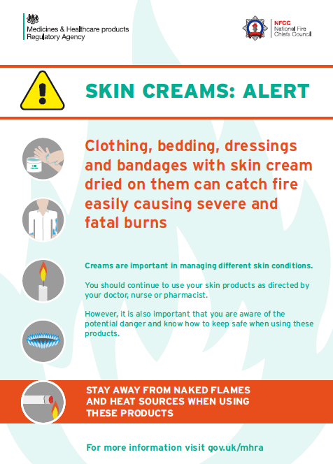 Do not smoke, use naked flames or get near to anything which may cause a fire whilst wearing clothing or a bandage that has been in contact with emollient skin creams.
More info: rb.gy/8fb78
Get the leaflet: rb.gy/exqviq