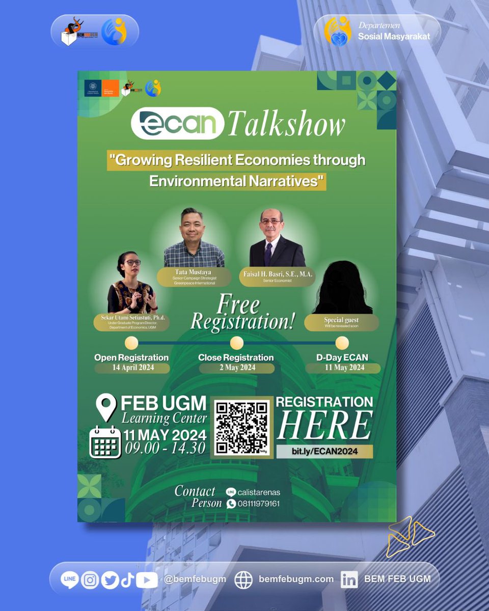 bemfebugm's tweet image. GREEN ECONOMY TALKSHOW ECAN 2024 🌟

Kabar gembira untuk teman-teman karena registrasi Green Economy Talkshow ECAN 2024 sudah dibuka! 🥳

🗓️ 11 Mei 2024 
⏱️ 09.00-14.30 WIB
📍 Auditorium Pusat Pembelajaran FEB UGM
🔗 bit.ly/ECAN2024

#BEMFEBUGM #FEBUGM