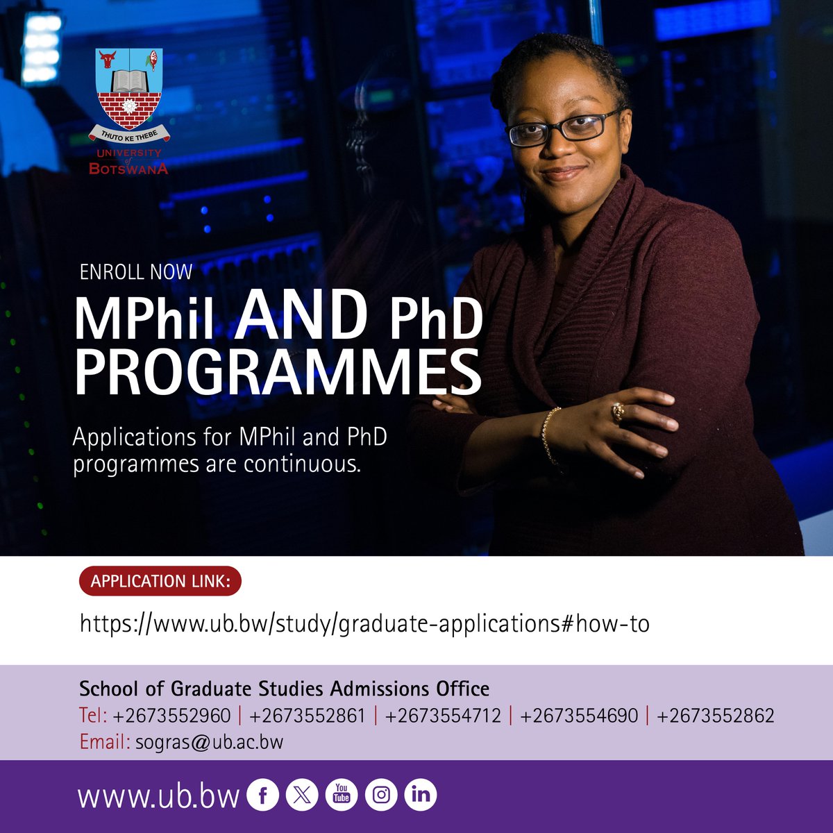 Applications for Mphil and PhD programmes are continuous.
#EnrollNow: ub.bw/study/graduate…