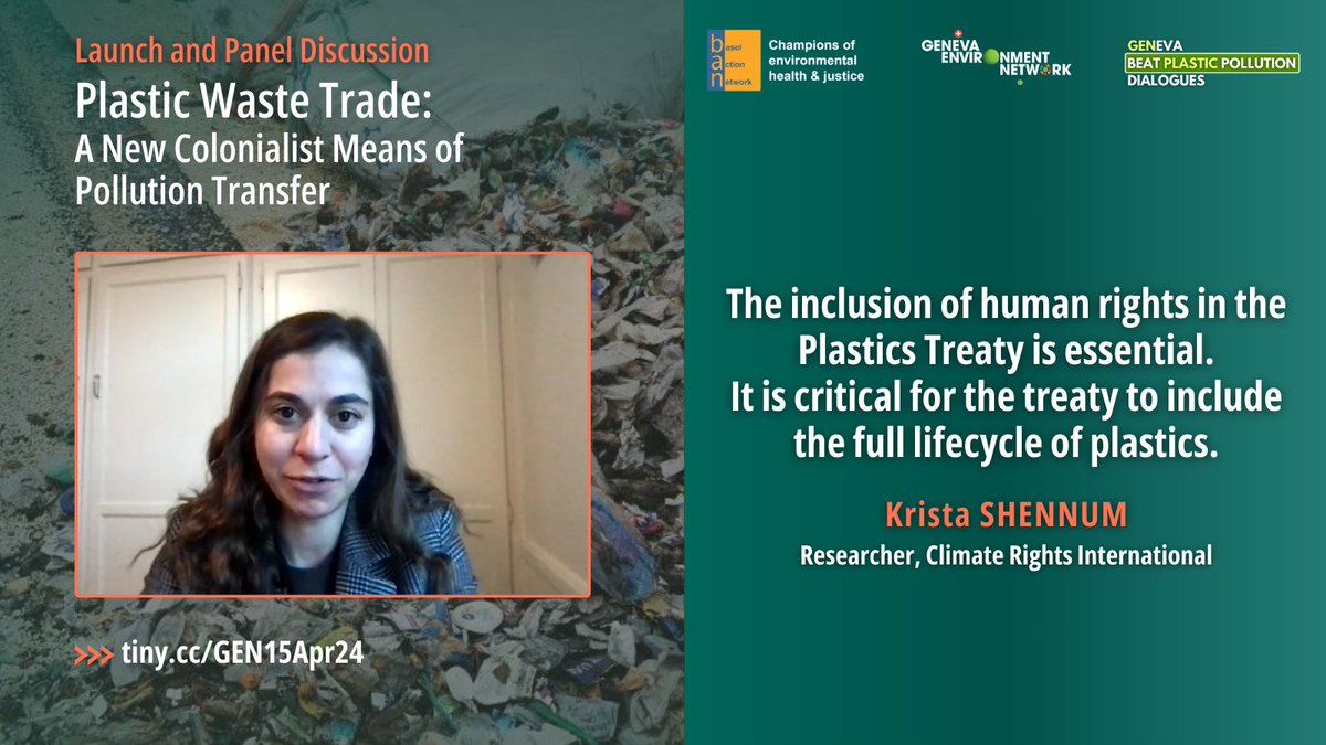 @BaselAction @S_Gundogdu01 @pstoett @KristaShennum @JPetrlik @ismawati64 @Magdalenadonoso @brkfreeplastic @IUCN_Plastics @ToxicsFree Krista Shennum of @ClimateRights highlights the #HumanRights implications of #PlasticWaste trade stressing how that affects people's ability to enjoy their #RightToHealthyEnvironment. Read more about the example provided ▶️ hrw.org/report/2022/09…