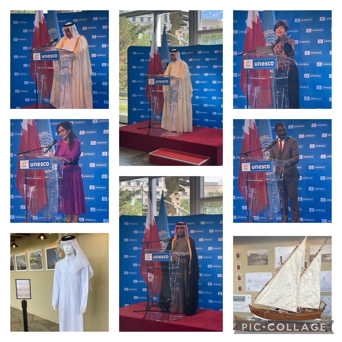 Félicitations aux ambassadeurs @HinzabH et SE Sheikh Ali bin Jassem Al Thani 🇶🇦 pour la magnifique exposition “Le Qatar célèbre le patrimoine culturel immatériel” avec la présence du directeur du Centre du Patrimoine mondial @unesco @elounasso @SMiculescu et @VeraForReform 🇺🇳🇶🇦