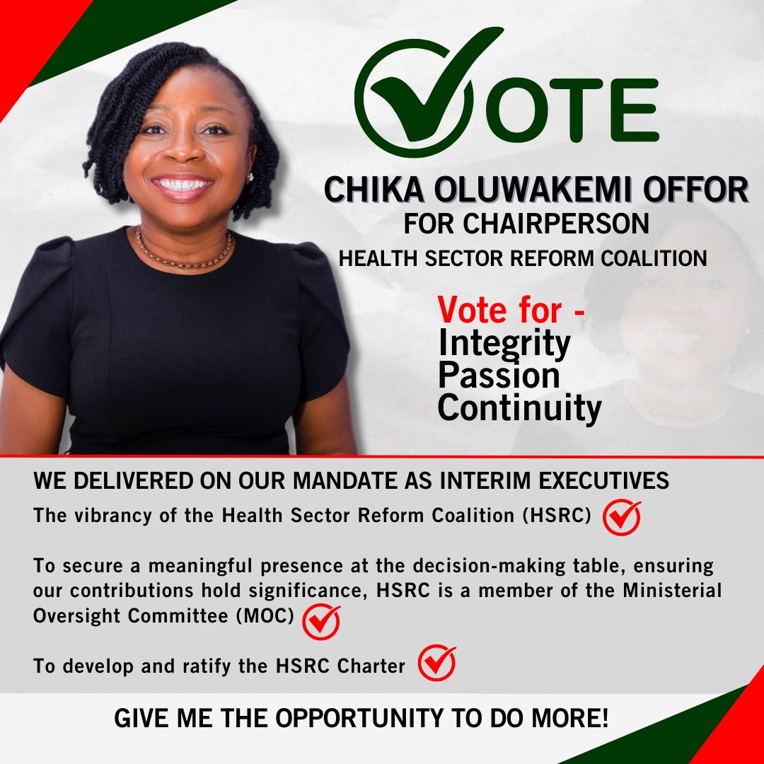 The Health Sector Reform Coalition @HSRCNg shall elect a new Chairperson on 18th April 2024. The Interim Chair, Chika Oluwakemi Offor seeks to continue. One of the pioneers of the coalition, Dr. Muhammad Lecky seeks to take over from her. Members shall decide their fate!