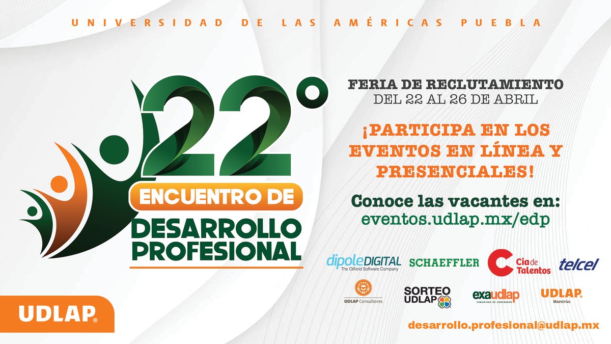 CDP_UDLAP's tweet image. ¡Atención egresados! El Centro de Desarrollo Profesional te invita a participar en el 22° Encuentro de Desarrollo Profesional, del 22 al 26 de abril. ¡No faltes!
 
Regístrate en: udlap.mx/eventoscdp
 
#OportunidadesLaborales #Reciénegresados #BolsadetrabajoUDLAP