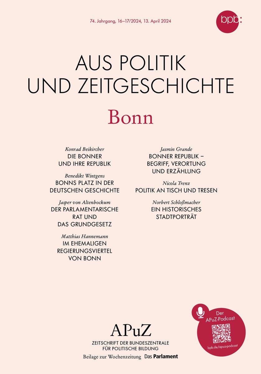Die neue APuZ #Bonn ist online. Mit Beiträgen von @Beikircher, @BWintgens, @Matthes_Hann, @altenbockum, @Stadtfee, Nicola Trenz und Norbert Schloßmacher. bpb.de/bonn-2024