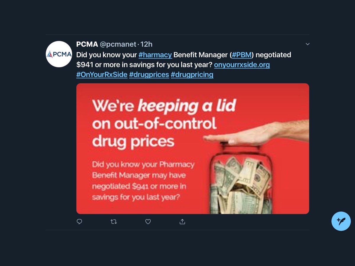 @mcuban has pcma blocked you on this platform yet?  they have really thin skin for such a powerful lobby/trade group. 🤣
#harmacy benefit manager