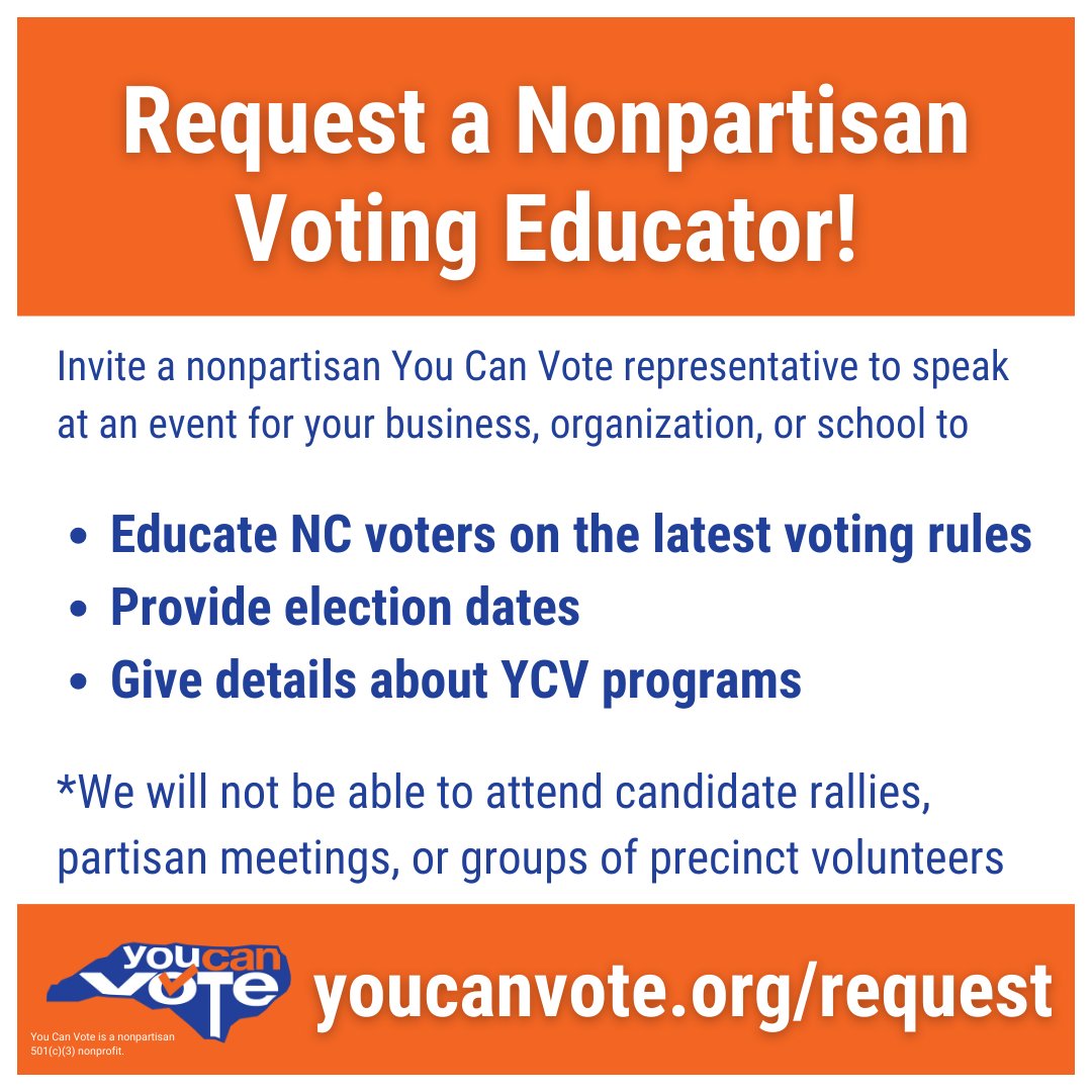 Is your business, organization, or group interested in getting educated and empowered to #Vote2024? Request a nonpartisan You Can Vote Voting Educator for your next event and learn the latest voting rules, election dates, and details about YCV programs at youcanvote.org/request.