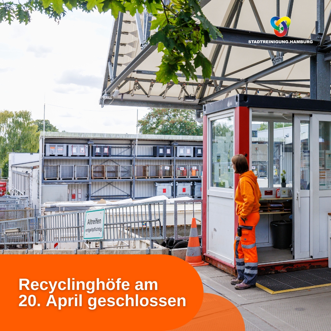 Am 20. April bleiben auf Grund der Personalversammlung die meisten unserer Recyclinghöfe geschlossen.
#TeamOrange hält die Höfe in Billbrook, Bahrenfeld und Sasel von 8-14 Uhr offen und nimmt wie gewohnt Abfälle, Schrott und Sperrmüll von Hamburger:innen entgegen.
#Recyclinghof