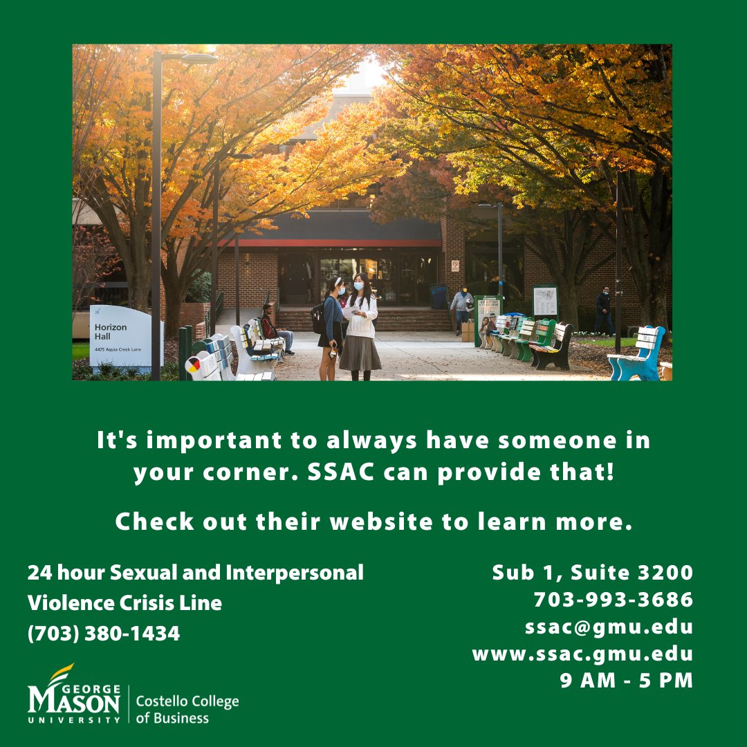 We're highlighting the Student Support and Advocacy Center! SSAC is here to support students who are experiencing a wide range of issues. Whether it be financial well-being to survivor support, SSAC is there to help! Check out their services here: ssac.gmu.edu.