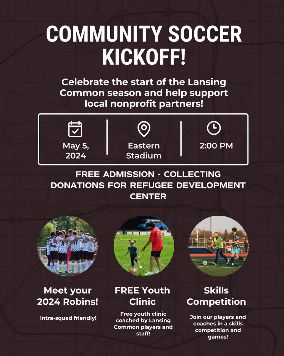 We're less than three weeks away from kicking off Season 4 of Lansing Common FC. Join us on May 5 to kick off our season with a free youth soccer clinic, Red vs White intrasquad friendly, and on-field games for all! lansingcommonfc.com/lansing-common…
